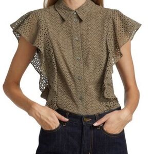 Theory Nova Ruffled Cotton Eyelet Cap sleeve Button Down Blouse Shirt NEW Size S